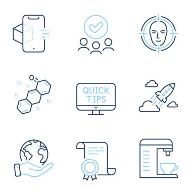 Yüz tanıma, web dersleri ve kimyasal formül çizgisi simgeleri ayarlandı. Diploma sertifikası, gezegeni kurtarmak, bir grup insan. Artırılmış gerçeklik, Startup roketi ve kahve makinesi işaretleri. Vektör