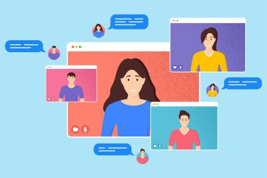 Sohbetli video konferansı. Evden çalışan insanlar. Çevrimiçi iş ofisi. Web konferans sohbeti. Karantina sırasında uzaktan kumanda. Bir grup insan çevrimiçi. Uzaktan öğrenme. Vektör