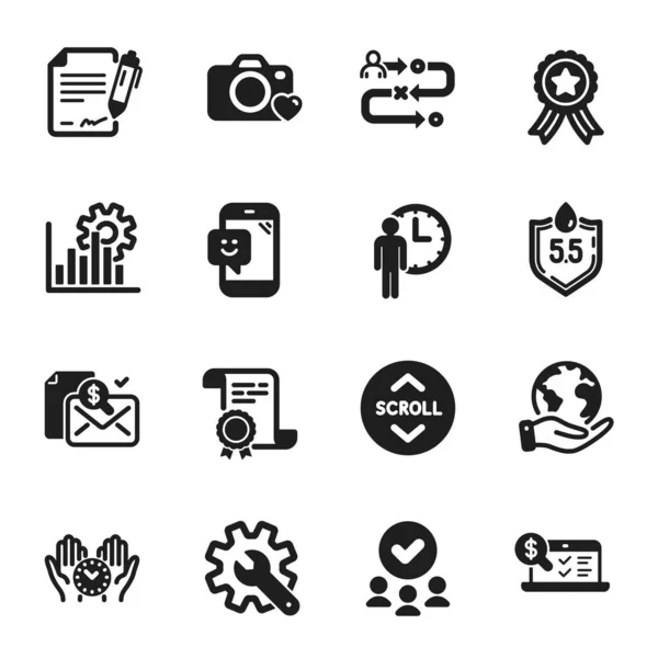 Set Technology Icons Photo Camera Scroll Certificate Approved Group Planet — Stock Vector