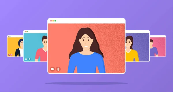 Videoconferentie Het Scherm Van Website Mensen Die Thuis Werken Online — Stockvector