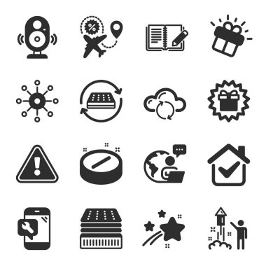 Lüks şilte, Hediye, Bulut senkronizasyon sembolleri gibi iş simgeleri. Havai fişekler, yatak, tıbbi tabletler. Sürpriz hediye, telefon tamircisi, konuşmacı. Uçuş indirimi, çok kanallı. Vektör