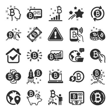 Kripto para birimi simgeleri. Blockchain seti, Crypto ICO ve Bitcoin simgeleri. Madencilik, kripto para değişimi, altın kazma. Bitcoin ATM, kripto paralar, finansal Meksika piyasaları, engelleme zinciri. Vektör