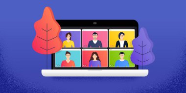Konferans görüntülü arama bilgisayarı. Uzak çevrimiçi proje yönetimi. Evden çalışıyorum. Sanal video konferans ekranı. İnternetten öğreniyorum. İnsanların karakterleri birlikte çalışır. Video görüşmesi. Vektör