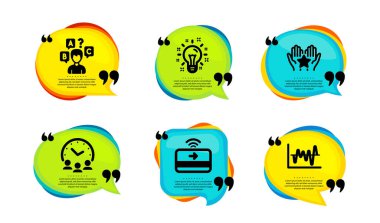 Sıralama, Temassız Ödeme ve Sınav ikonları basit seti. Tırnak içinde konuşma balonu. Fikir, buluşma zamanı ve hisse senedi analiz işaretleri. Holding yıldızı, Finansal ödeme, görüşme. Vektör