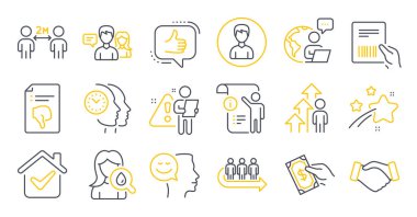 Set of People icons, such as Queue, Handshake, Parcel invoice symbols. Manual doc, Like, People talking signs. Moisturizing cream, Social distancing, Employee result. Good mood, Thumb down. Vector clipart