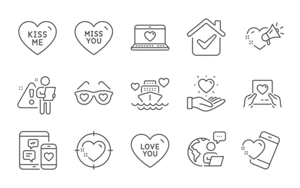 Correo Del Amor Conjunto Iconos Línea Corazón Corazón Gafas Amor — Vector de stock