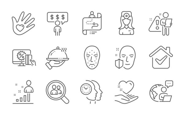 Держите сердце, Поиск сотрудников и Лицо биометрические линии значки набор. Врач-окулист, статистика и дорожные знаки. Ресторанная еда, защита лица и символы управления временем. Иконки линий установлены. Вектор
