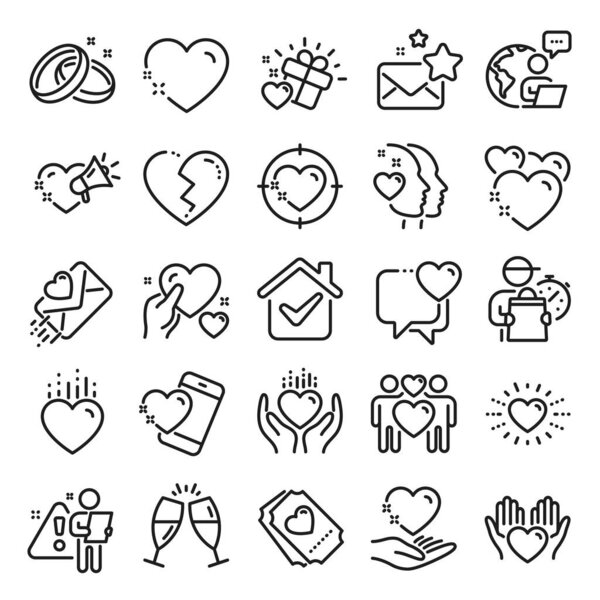 Love line icons. Gift box, Broken heart and Romantic letter. Wedding rings, glasses with champagne, love heart icons. Happy couple, heart holding, romantic loudspeaker. Line icon set. Vector