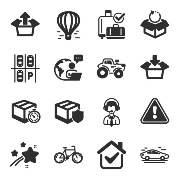 Set Icone Trasporto Come Esempio Get Box Trattore Simboli Timer — Vettoriale Stock