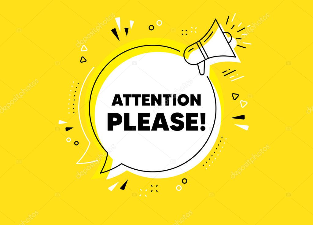 Attention please. Megaphone yellow vector banner. Special offer sign. Important information symbol. Thought speech bubble with quotes. Attention please chat think megaphone message. Vector