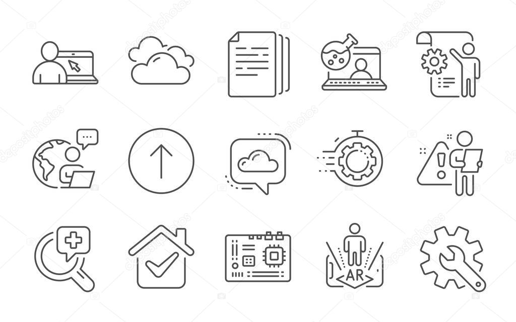 Online education, Motherboard and Swipe up line icons set. Medical analyzes, Copy documents and Settings blueprint signs. Cloud communication, Cloudy weather and Seo timer symbols. Vector