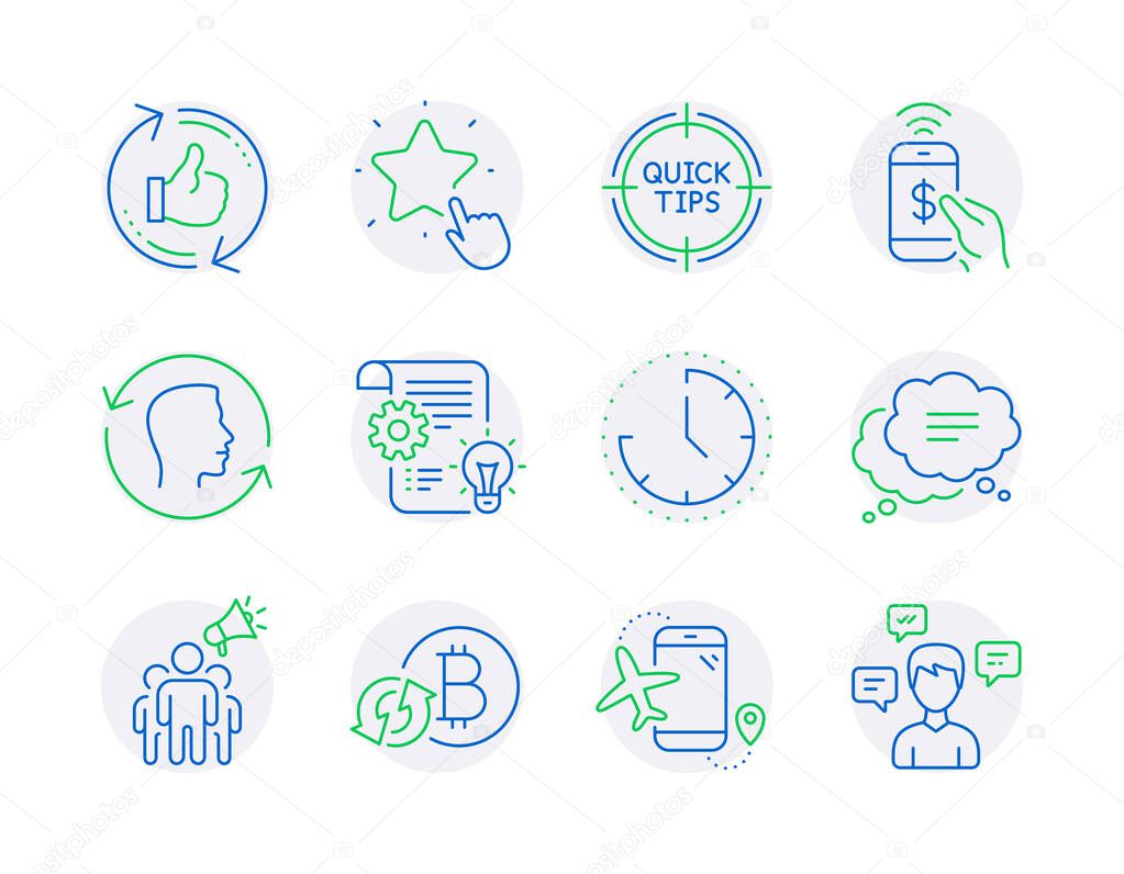 Technology icons set. Included icon as Face id, Time, Refresh bitcoin signs. Text message, Tips, Refresh like symbols. Ranking star, Phone payment, Cogwheel. Flights application. Vector