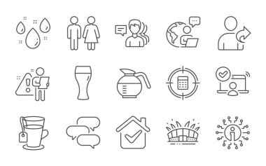 Talk bubble, Online access and Beer glass line icons set. Restroom, Refer friend and Rainy weather signs. People, Info and Calculator target symbols. Tea, Arena stadium and Coffeepot. Vector clipart