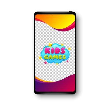 Çocuk oyunları etiketi. Telefon modelleme vektör pankartı. Eğlenceli oyun alanı afişi. Çocuk oyunları parti alanı ikonu. Sosyal hikaye posta şablonu. Çocuk oyunları rozeti. Cep telefonu çerçevesi. Vektör