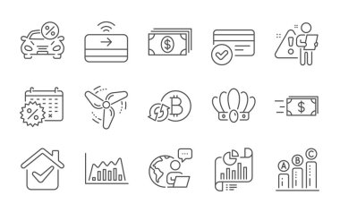 Rapor belgesi, ödeme yöntemleri ve Crown çizgisi simgeleri ayarlandı. Rüzgar enerjisi, temassız ödeme ve taze bitcoin işaretleri. Araba kiralama, para transferi ve takvim indirimleri. Vektör