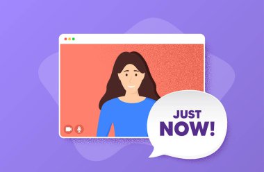 Az önceki sembol. Görüntülü görüşme. Özel teklif işareti. Satılık. Web ekranındaki kadın karakter. Az önce konuşma balonu. Video sohbet ekranı. Vektör