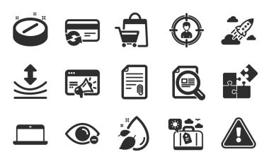 Bulmaca, miyop ve seyahat ikonları basit set. Dayanıklılık, Eklenti ve dizüstü bilgisayar işaretleri. Kartı değiştir, makaleyi ve Seo pazarlama sembollerini kontrol et. Su damlası, kelle avcılığı ve tıbbi tablet. Vektör