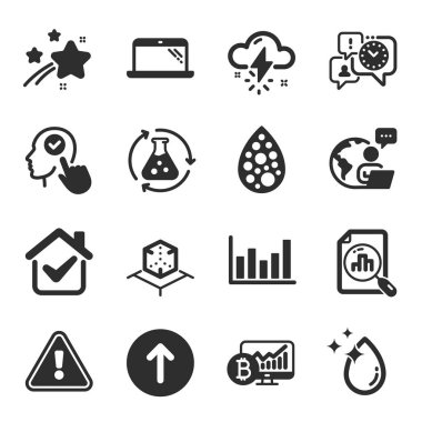 Su damlası, Analitik Grafik, Fırtına hava sembolleri gibi bir dizi bilim simgesi. Kimya deneyi, artırılmış gerçeklik işaretleri. Yapay renkler, zaman yönetimi, dizüstü bilgisayar. Vektör
