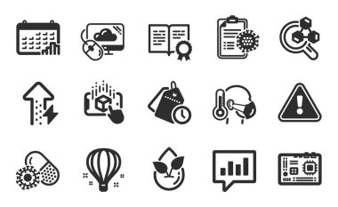 Takvim grafiği, Sertifika ve Kimya laboratuvarı simgeleri basit. Anakart, zaman yönetimi ve organik ürün tabelaları. Coronavirus raporu, Coronavirus hapları ve büyüyen enerji sembolleri. Vektör