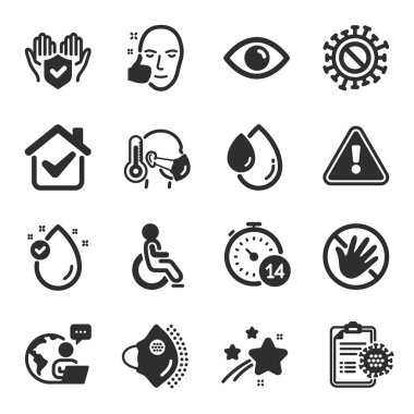 Coronavirus, Sigorta El, Tıbbi Maske Sembolleri gibi tıbbi ikonlar. Hasta adam, dokunma, engelli işaretleri. Coronavirus raporu, karantina, sağlıklı yüz. Yağ damlası, Göz. Vektör