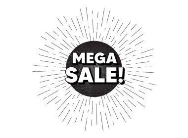 Mega Satış. Klasik yıldız patlaması pankartı. Özel fiyat tabelası. Reklam indirimi sembolü. Işıltılı hippi güneşi. Eski tip yıldız patlaması elementi. Güneş ışınları kabarcığı. Mega satış afişi. Vektör