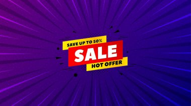 Sale 50% off banner. Purple background with offer message. Discount sticker shape. Hot offer icon. Best advertising coupon banner. Sale 50% badge shape. Abstract background. Vector clipart