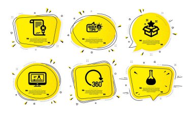 Çevrimiçi video, Sadakat programı ve Reddetme sertifikası simgeleri basit set. Sarı konuşma baloncukları üzerinde nokta etkisi yaratıyor. Eğitim fikri, 360 derece ve kimya laboratuvar işaretleri. Vektör
