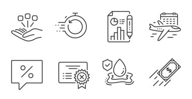 Su baskını sigortası, indirimli mesaj ve konsolidasyon hattı simgeleri ayarlandı. Uçuş, Hızlı ödeme ve Reddetme sertifikalarını seçin. Rapor belgesi, hızlı kurtarma sembolleri. Kaliteli çizgi simgeleri. Vektör