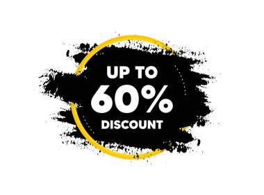 % 60 'a kadar indirimli. Çember şeklinde fırça darbesi. Satılık fiyat tabelası. Özel teklif sembolü. Yüzde 60 tasarruf et. Boya fırçası mürekkep sıçrama pankartı. İndirimli rozet şekli. Vektör