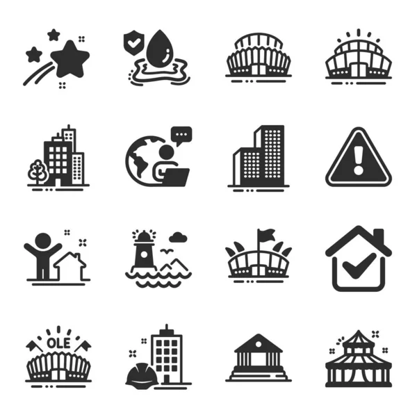 Conjunto Iconos Edificios Como Edificios Construcción Edificios Símbolos Circo Estadio — Vector de stock