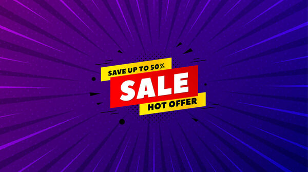 Sale 50% off banner. Purple background with offer message. Discount sticker shape. Hot offer icon. Best advertising coupon banner. Sale 50% badge shape. Abstract background. Vector