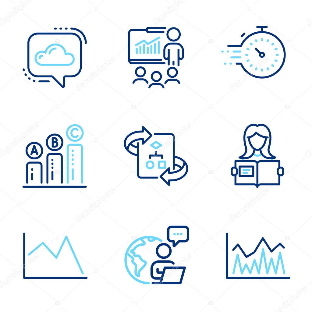 Education icons set. Included icon as Timer, Line chart, Technical algorithm signs. Cloud communication, Investment, Graph chart symbols. Presentation, Woman read line icons. Line icons set. Vector