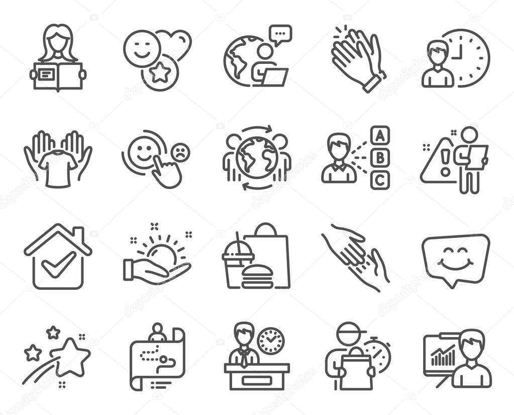 People icons set. Included icon as Smile chat, Presentation time, Presentation signs. Sunny weather, Clapping hands, Opinion symbols. Journey path, Working hours, Global business. Smile. Vector