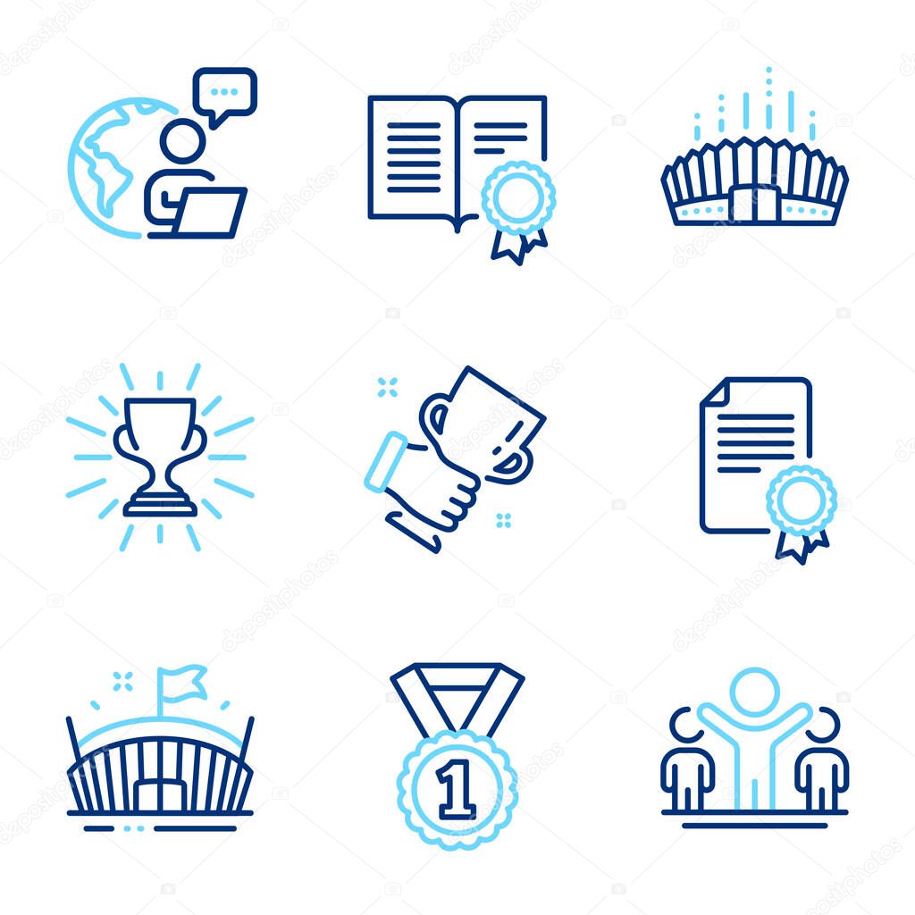 Sports icons set. Included icon as Winner cup, Best rank, Arena signs. Arena stadium, Winner, Certificate symbols. Diploma, Trophy line icons. Best trophy, Success medal. Line icons set. Vector