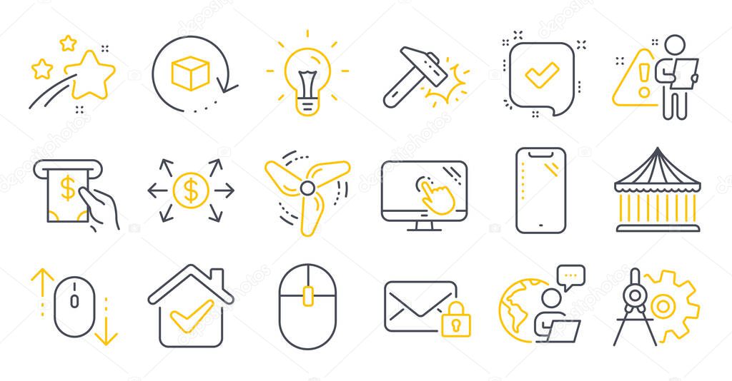 Set of Technology icons, such as Carousels, Atm service, Idea symbols. Return package, Dollar exchange, Touch screen signs. Hammer blow, Scroll down, Computer mouse. Confirmed, Smartphone. Vector