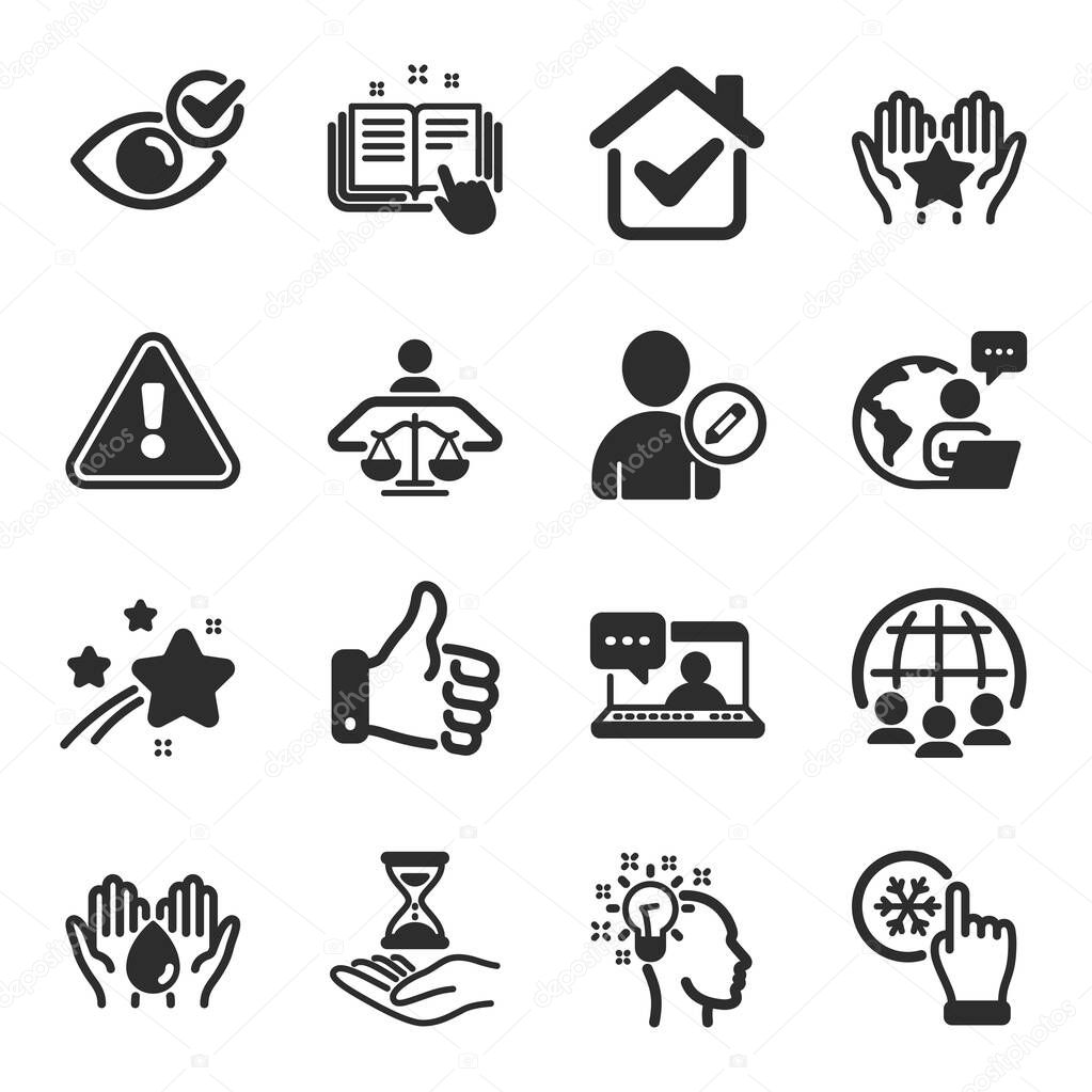 Set of People icons, such as Court judge, Ranking, Friends chat symbols. Idea, Technical documentation, Check eye signs. Like hand, Edit user, Wash hands. Freezing click, Global business. Vector