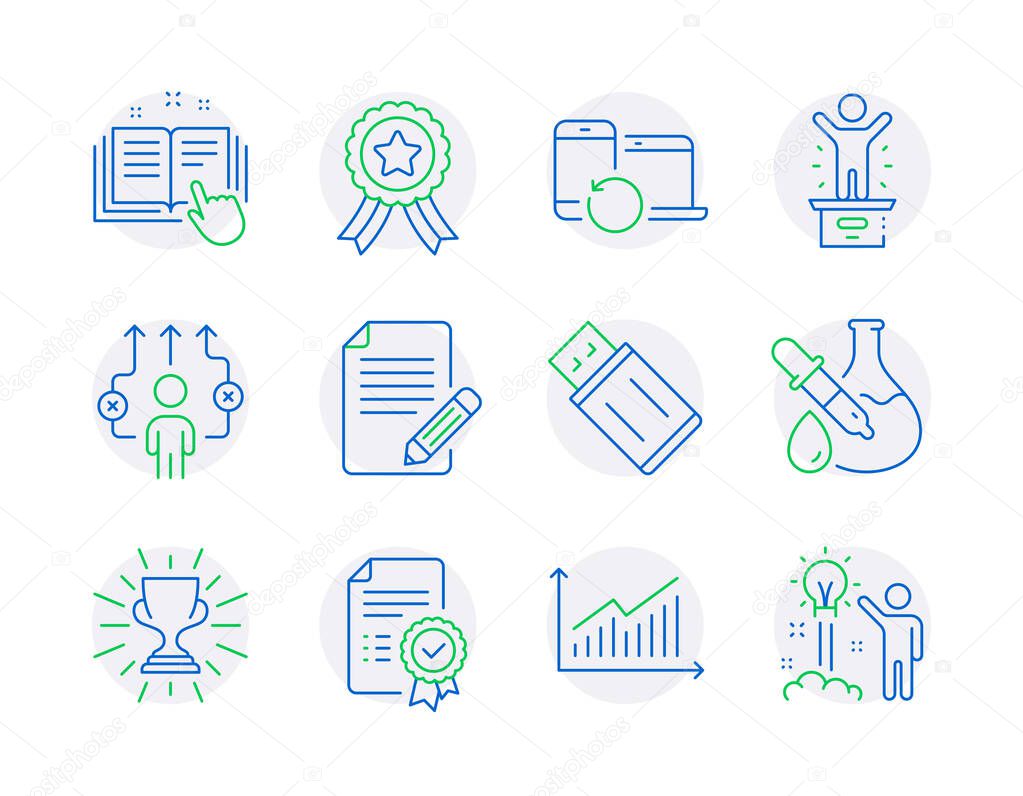 Education icons set. Included icon as Certificate, Technical documentation, Usb flash signs. Winner ribbon, Chemistry experiment, Recovery devices symbols. Graph, Business way, Article. Vector