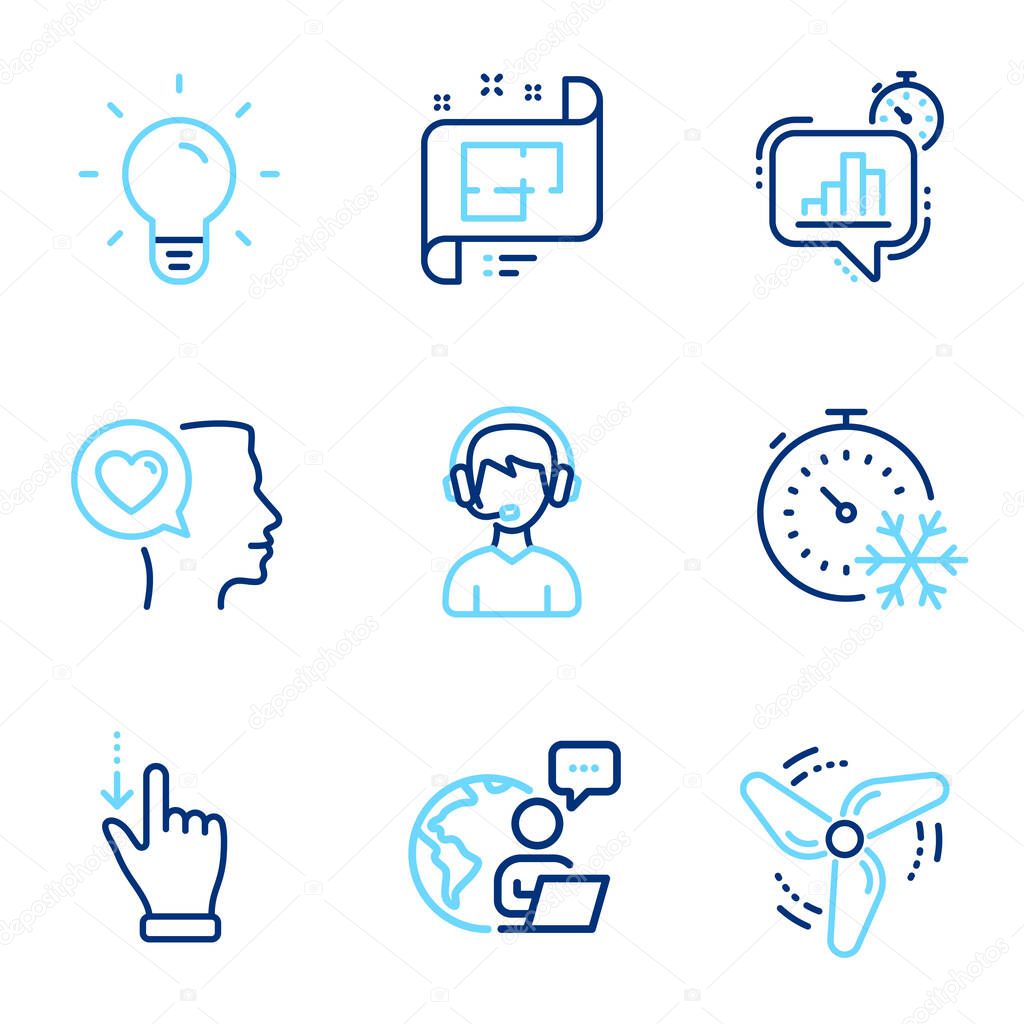 Technology icons set. Included icon as Touchscreen gesture, Statistics timer, Consultant signs. Light bulb, Freezing timer, Romantic talk symbols. Architectural plan, Wind energy. Vector