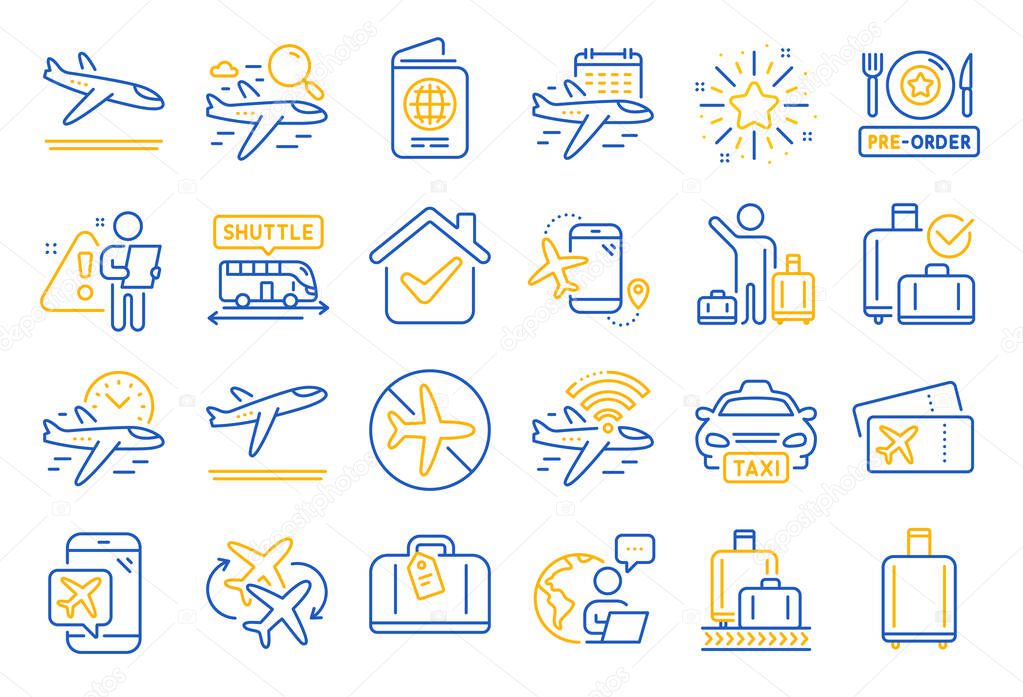 Airport line icons. Boarding pass, Baggage claim, Arrival and Departure. Connecting flight, tickets, pre-order food icons. Passport control, airport baggage carousel, inflight wifi. Vector