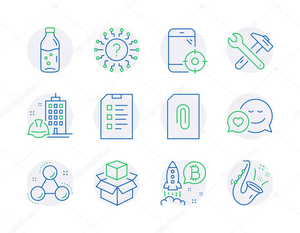 Business icons set. Included icon as Bitcoin project, Packing boxes, Spanner tool signs. Construction building, Water bottle, Dating symbols. Chemistry molecule, Seo phone, Checklist. Jazz. Vector