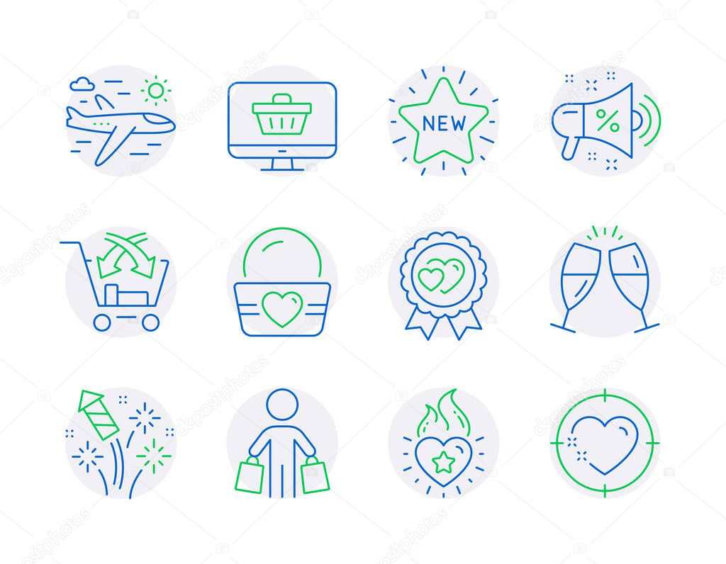 Holidays icons set. Included icon as Cross sell, Champagne glasses, Buyer signs. Fireworks rocket, Ice cream, Web shop symbols. Love award, New star, Airplane travel. Sale megaphone. Vector