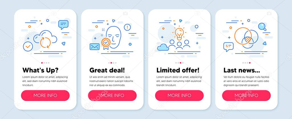 Set of Business icons, such as Business idea, Face verified, Cloud sync symbols. Mobile screen app banners. Euler diagram line icons. Meeting people, Access granted, Document storage. Vector