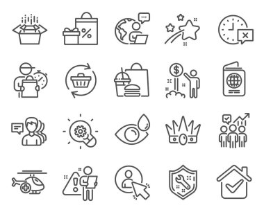 İş simgeleri ayarlandı. Paketleme kutusu, yenileme arabası, zaman işareti olarak simge dahil. İnsanlar, Crown, Göz sembolleri bırakır. Tıbbi helikopter, kullanıcı, Spanner. Pasaport, gelir parası, alışveriş. Vektör