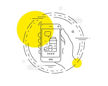 İlaç şişesi ikonu. Cep telefonu vektör düğmesi. İlaç hapı işareti. Eczane ilaç sembolü. Tıbbi uyuşturucu çizgisi ikonu. Soyut konsept rozet. Vektör