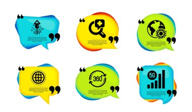 Coronavirus, Havai fişekler ve Globe simgeleri basit set. Tırnak içinde konuşma balonu. Tam rotasyon, tıbbi analiz ve 5G wifi işaretleri. Salgın hastalık, Noel havai fişeği, internet dünyası. Vektör