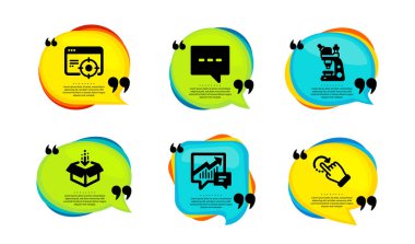 Mikroskop, Seo hedefleme ve muhasebe simgeleri basit. Tırnak içinde konuşma balonu. Kutuyu al, Blog ve Döndürme işaretlerini al. Kimya laboratuvarı, performans, arz ve talep. Vektör