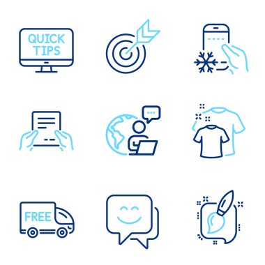 İş simgeleri ayarlandı. Hedef olarak simge, web dersleri, gülen yüz işaretleri dahil. Temiz tişört, ücretsiz teslimat, dosya sembolleri. Buzdolabı uygulaması, fırça izi simgeleri boyama. Satır simgeleri ayarlandı. Vektör