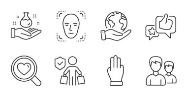Alıcı sigortası, gezegeni kurtarma ve üç parmak çizgisi simgesi. Sevgiyi ve yüz tanıma işaretlerini ara. Kimya laboratuvarı, birkaç sembol. Satın alma sigortası, dış kaynak kullanımı, Avuç içi tıklama. Vektör