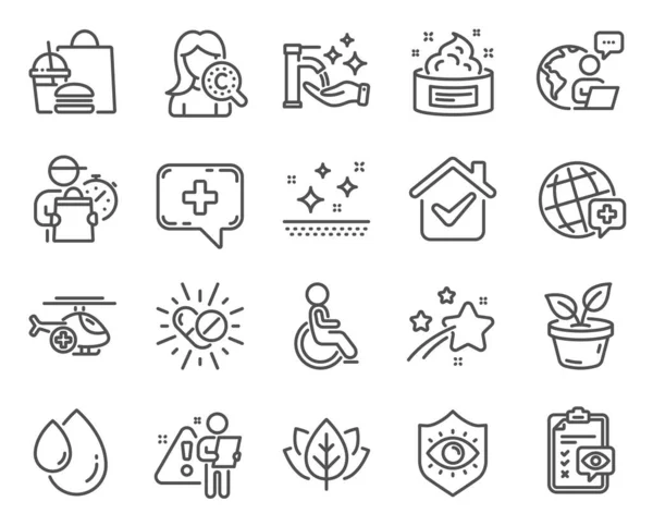 医療アイコンセット 医療チャット アイチェックリスト 葉の標識などのアイコンが含まれています 医薬品 きれいな肌 目の保護シンボル オイルドロップ コラーゲン皮膚 世界の薬 — ストックベクタ