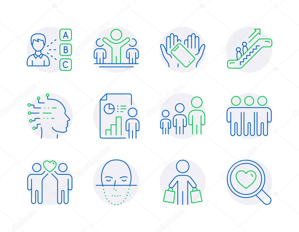 People icons set. Included icon as Friends couple, Artificial intelligence, Business hierarchy signs. Buyer, Smartphone holding, Winner symbols. Face recognition, Opinion, Escalator. Vector